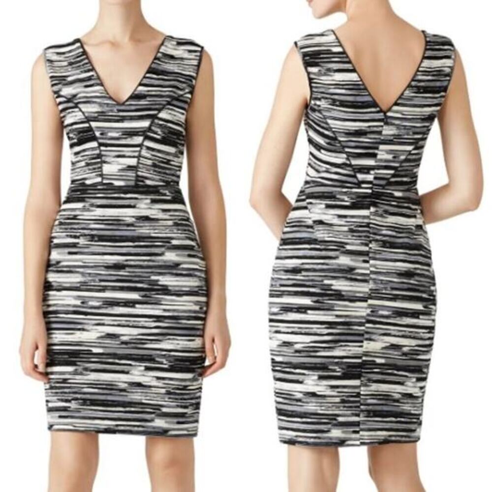 Tart Viera V-Neck Sleeveless Printed Knit Sheath Dress Stretch Black Gray Medium
